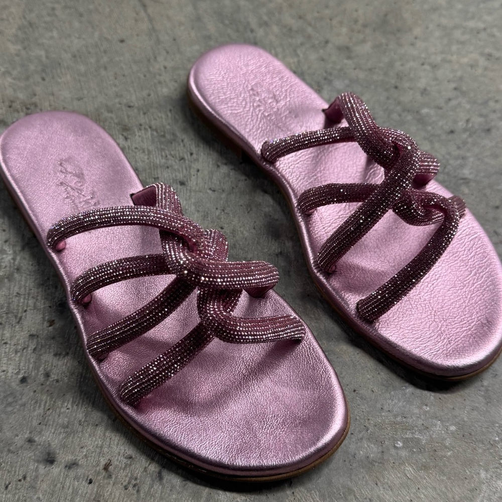 Kima Pink Roman Twist Rhinestone Beaded Women's Sandals Made in Greece Size 37‎